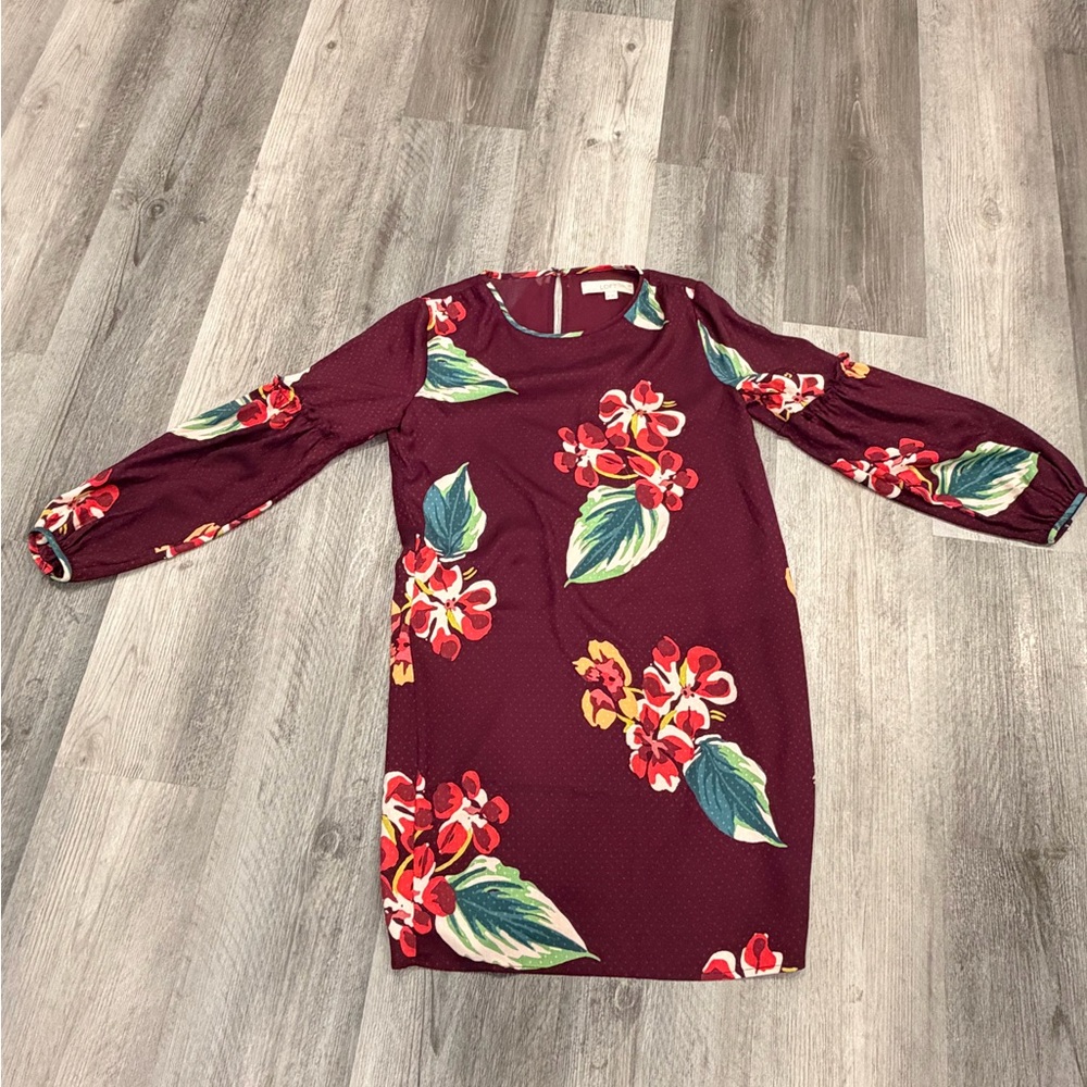 LOFT Burgundy Floral Long Sleeve Dress